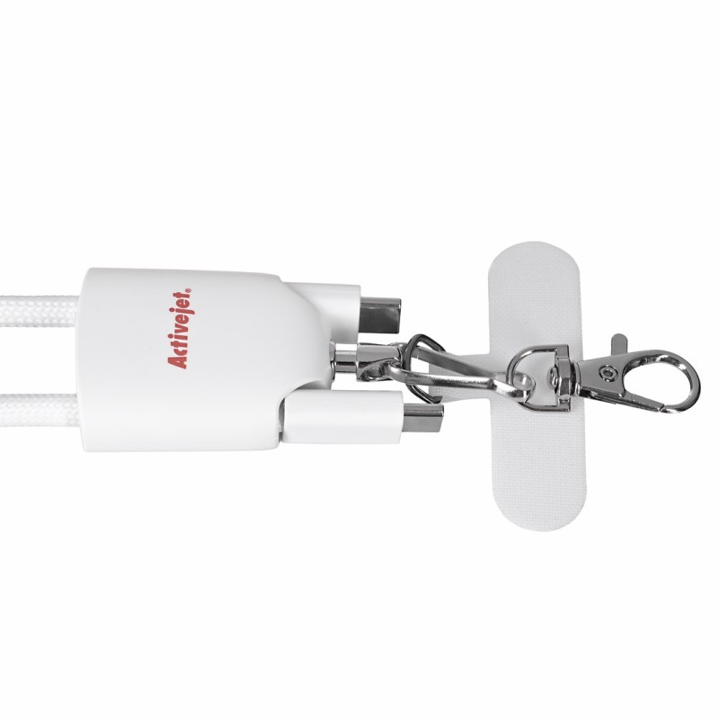 Activejet lanyard with 3-in-1 charging cable, white. Ends with various connectors: USB-C, Lightning adapter, USB-A Activejet lanyard with 3-in-1 charging cable, white. Ends with various connectors: USB-C, Lightning adapter, USB-A