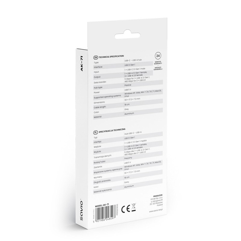SAVIO AK-71 USB-C hub - 3 x USB-A 2.0, 1 x USB-A 3.0, 4-in-1, 5 Gbps SAVIO AK-71 USB-C hub - 3 x USB-A 2.0, 1 x USB-A 3.0, 4-in-1, 5 Gbps