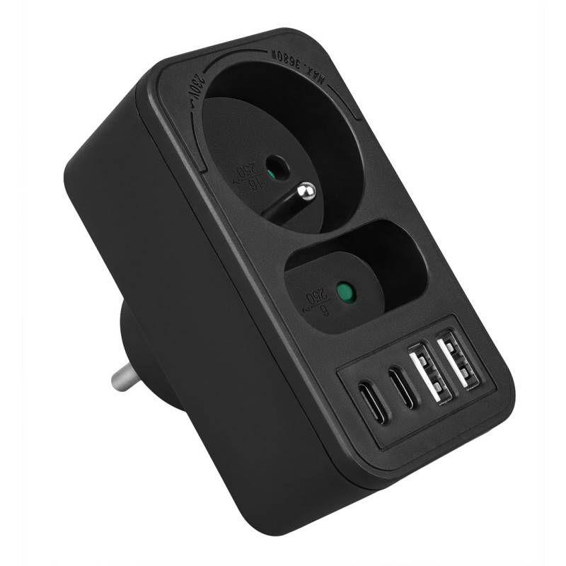Maclean current socket x2 + 4xUSB, splitter with 2 sockets, 2xUSB A, 2xUSB C PD 20W, 1x16A + 1x6A, MCE249 F/B Maclean current socket x2 + 4xUSB, splitter with 2 sockets, 2xUSB A, 2xUSB C PD 20W, 1x16A + 1x6A, MCE249 F/B