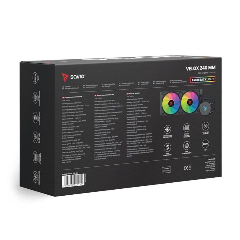 Savio VELOX 240 mm Computer case Liquid cooling kit 12 cm Black 1 pc(s) Savio VELOX 240 mm Computer case Liquid cooling kit 12 cm Black 1 pc(s)