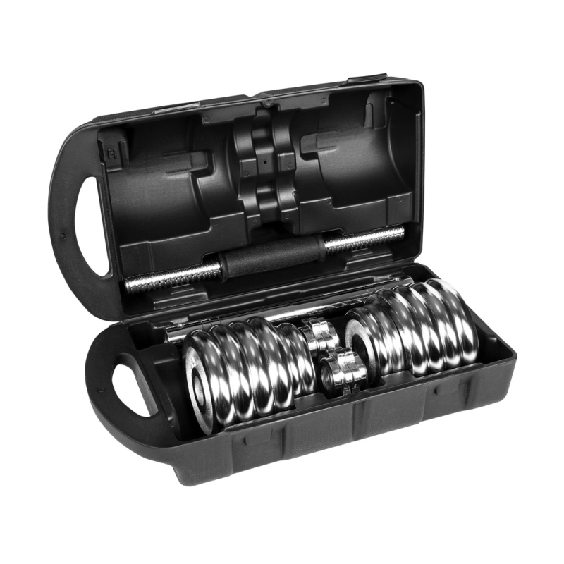 REBEL ACTIVE Chrome Adjustable Dumbbells in a Case 15 kg with Barbell