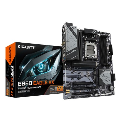 GIGABYTE B650 EAGLE AX Motherboard - Supports AMD Ryzen 7000 CPUs, 12+2+2 Phases Digital VRM, up to 7600MHz DDR5 (OC), 1xPCIe 5.0 + 2xPCIe 4.0 M.2, Wi-Fi 6E 802.11ax, GbE LAN, USB 3.2 Gen2 GIGABYTE B650 EAGLE AX Motherboard - Supports AMD Ryzen 7000 CPUs, 12+2+2 Phases Digital VRM, up to 7600MHz DDR5 (OC), 1xPCIe 5.0 + 2xPCIe 4.0 M.2, Wi-Fi 6E 802.11ax, GbE LAN, USB 3.2 Gen2