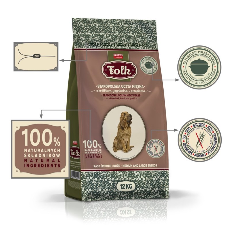 FOLK Medium and large breeds Traditional polish meat feast with rabbit, lamb and quail - dry dog food - 12kg FOLK Medium and large breeds Traditional polish meat feast with rabbit, lamb and quail - dry dog food - 12kg