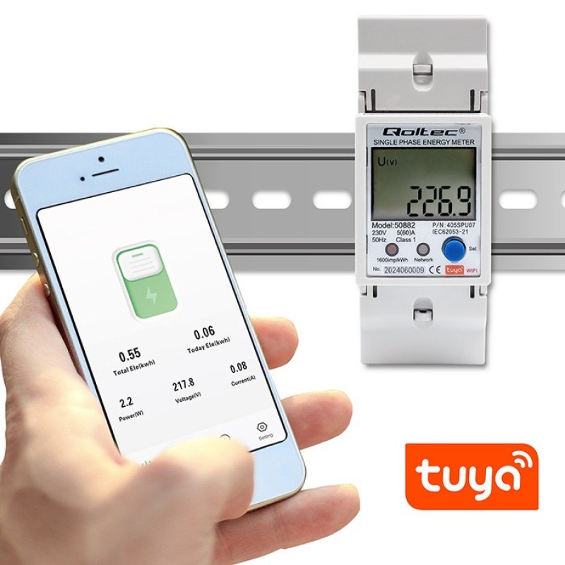 Qoltec 50882 Single phase electronic energy consumption meter for DIN rail | Wi-Fi | TUYA | 230V | LCD Qoltec 50882 Single phase electronic energy consumption meter for DIN rail | Wi-Fi | TUYA | 230V | LCD