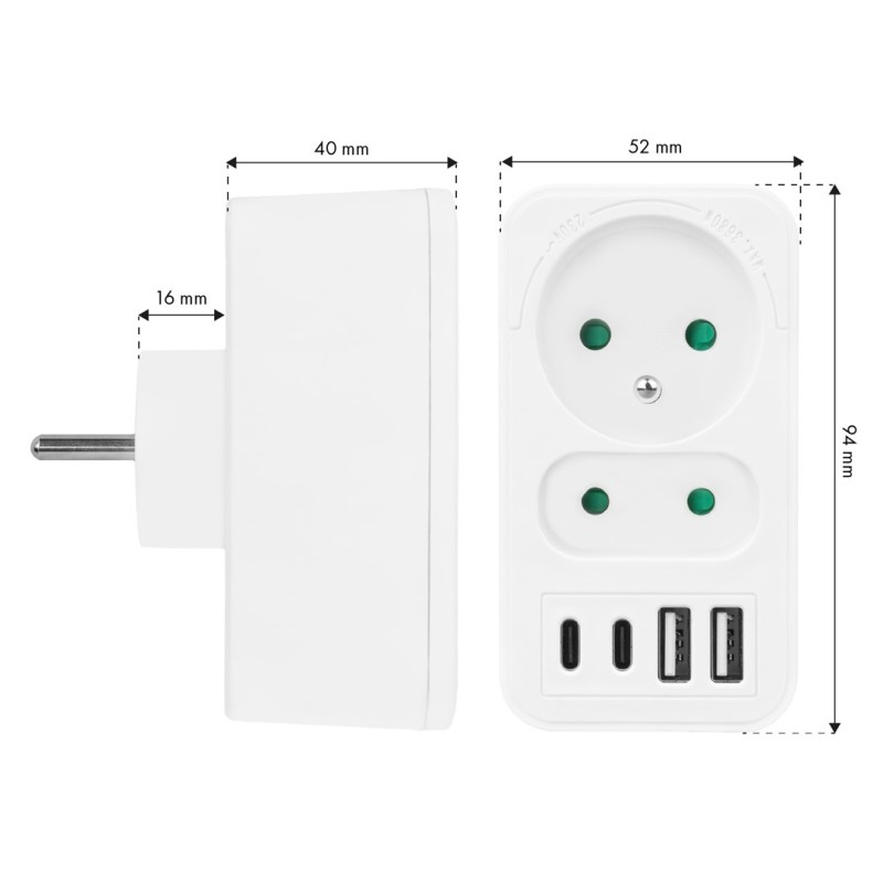 Current socket x2 + 4xUSB Maclean, splitter with 2 sockets, 2xUSB A, 2xUSB C PD 20W, 1x16A + 1x6A, MCE249 F/W