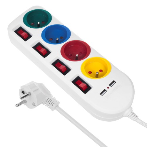 Maclean power strip, extender 4 sockets + 2xUSB, with switches, 250VAC/10A, 2.1A 5V, 1.5m, white, MCE229 W Maclean power strip, extender 4 sockets + 2xUSB, with switches, 250VAC/10A, 2.1A 5V, 1.5m, white, MCE229 W