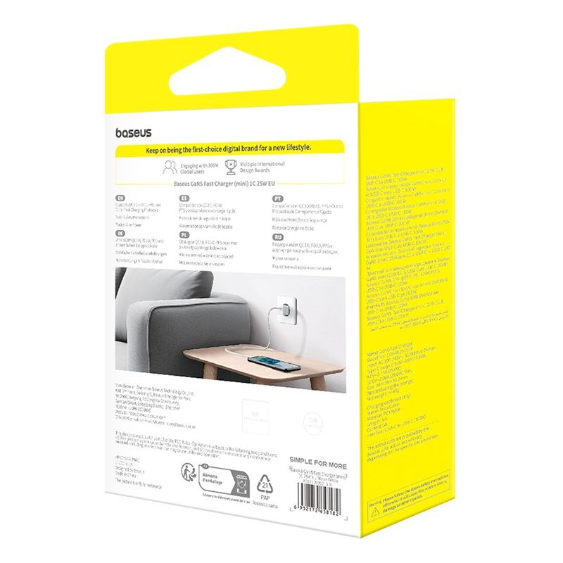 Baseus P10110909213-01 USB-C GaN5 mini 25W mains charger White Baseus P10110909213-01 USB-C GaN5 mini 25W mains charger White