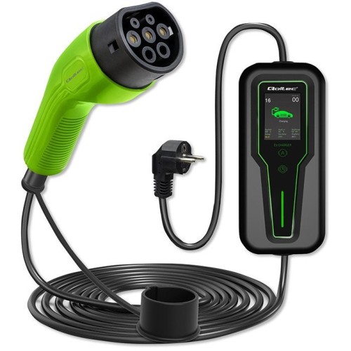 Qoltec 52465 Mobile charger for EV 2-in-1 Type2 with regulation | 3.5kW | 230V | LCD | Portable | Wallbox | 5m