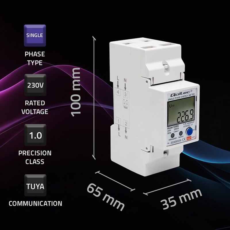 Qoltec 50882 Single phase electronic energy consumption meter for DIN rail | Wi-Fi | TUYA | 230V | LCD Qoltec 50882 Single phase electronic energy consumption meter for DIN rail | Wi-Fi | TUYA | 230V | LCD