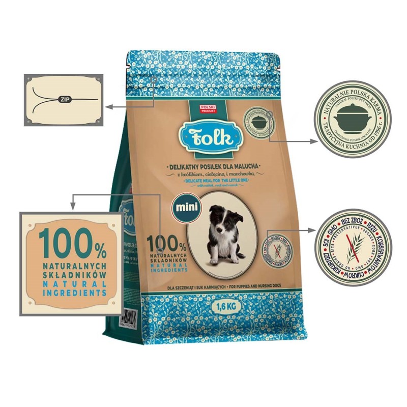 FOLK Junior Small breeds Gentle meal for puppy with rabbit, veal and carrot - dry dog food - 1,6kg FOLK Junior Small breeds Gentle meal for puppy with rabbit, veal and carrot - dry dog food - 1,6kg