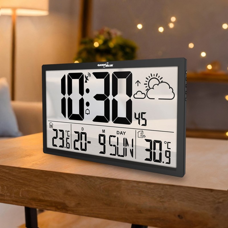 GreenBlue GB218 Extra Large LCD Wall Clock with Weather Station Temperature and Date Display GreenBlue GB218 Extra Large LCD Wall Clock with Weather Station Temperature and Date Display