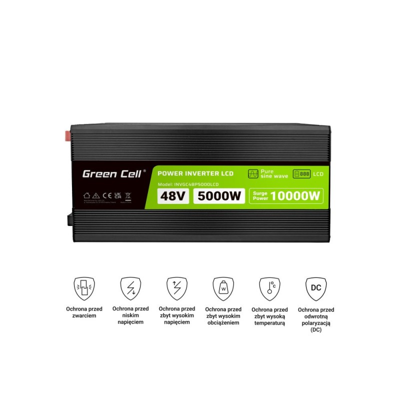 Green Cell Przetwornica napicia PowerInverter LCD 48 V 5000W/10000W Przetwornica samochodowa z wywietlaczem - czysty sinus 10 kVA Black Green Cell Przetwornica napicia PowerInverter LCD 48 V 5000W/10000W Przetwornica samochodowa z wywietlaczem - czysty sinus 10 kVA Black