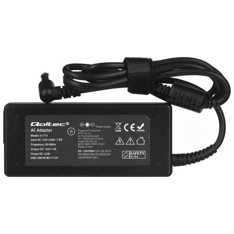Qoltec 51773 Power adapter for Samsung monitor 42W | 3A | 14V | 6.5 * 4.4 + power cable Qoltec 51773 Power adapter for Samsung monitor 42W | 3A | 14V | 6.5 * 4.4 + power cable