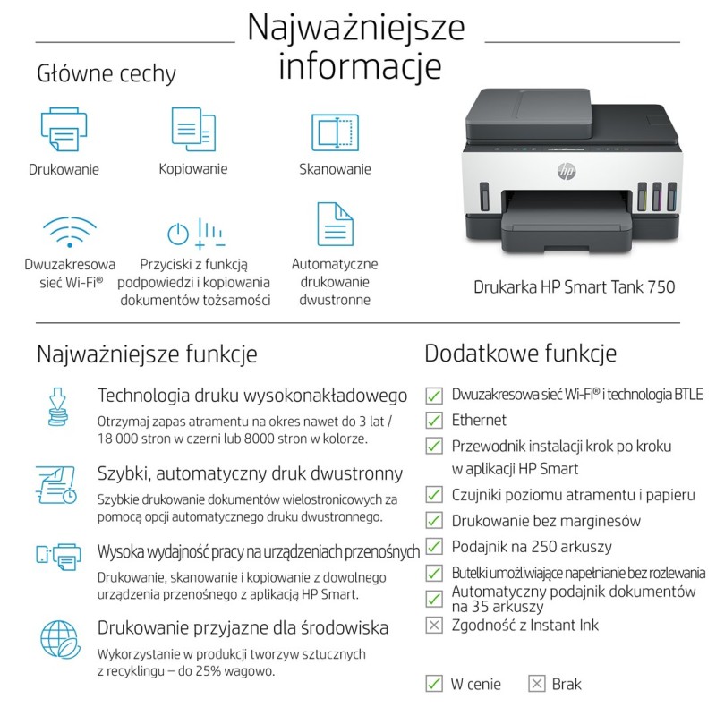 HP Smart Tank 750 All-in-One Thermal inkjet A4 4800 x 1200 DPI 15 ppm Wi-Fi HP Smart Tank 750 All-in-One Thermal inkjet A4 4800 x 1200 DPI 15 ppm Wi-Fi