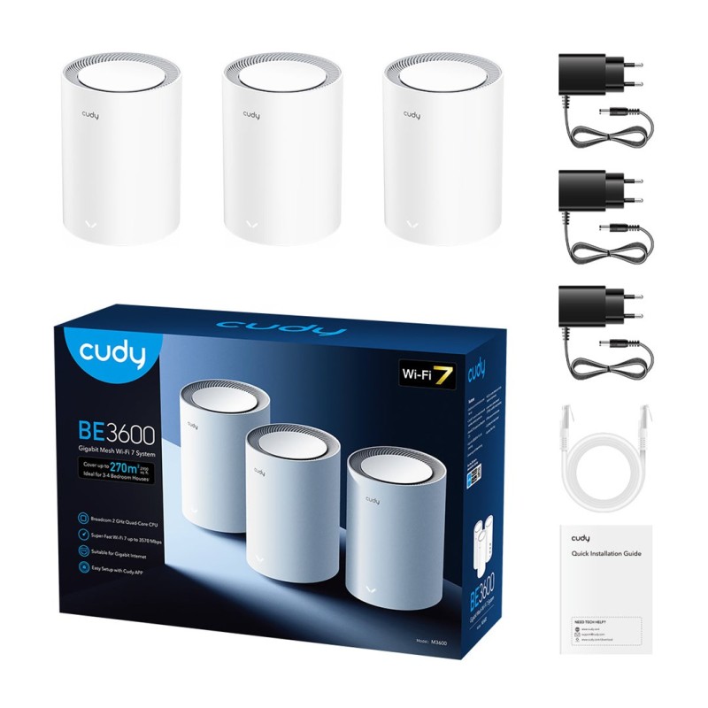 Cudy M3600 Dual-band (2.4 GHz / 5 GHz) Wi-Fi 7 (802.11be) White 3 Internal Cudy M3600 Dual-band (2.4 GHz / 5 GHz) Wi-Fi 7 (802.11be) White 3 Internal