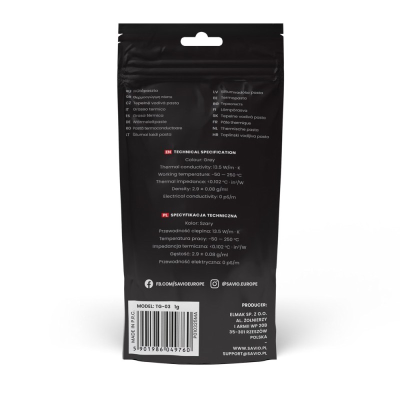 Savio TG-03 1G heat sink compound Thermal paste 13.5 W/m·K Savio TG-03 1G heat sink compound Thermal paste 13.5 W/m·K