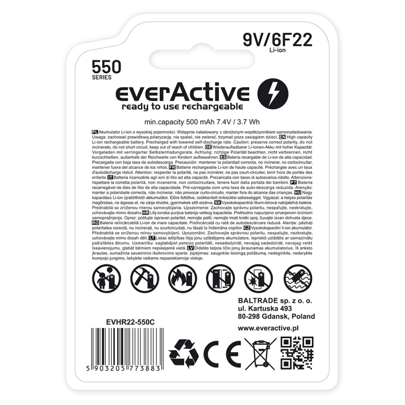 Rechargeable battery everActive 6F22/9V Li-ion 550 mAh with USB TYPE C Rechargeable battery everActive 6F22/9V Li-ion 550 mAh with USB TYPE C