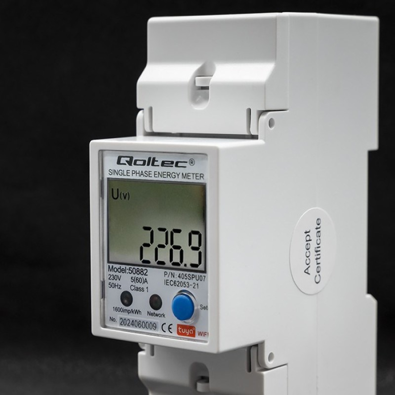 Qoltec 50882 Single phase electronic energy consumption meter for DIN rail | Wi-Fi | TUYA | 230V | LCD Qoltec 50882 Single phase electronic energy consumption meter for DIN rail | Wi-Fi | TUYA | 230V | LCD