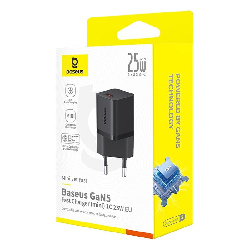 Baseus P10110909113-00 USB-C GaN5 mini 25W mains charger Black Baseus P10110909113-00 USB-C GaN5 mini 25W mains charger Black