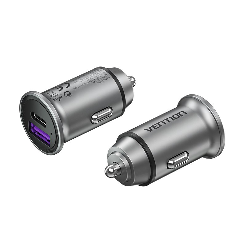 Vention Two-Port USB A+A(30+30) Car Charger Gray Mini Style Aluminium Alloy Type