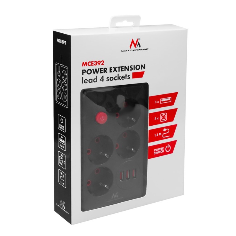 Maclean power strip, 4-socket extension cable + 3xUSB, 110-240V AC 50/60Hz, 2.1A max 2500W, 1.5m, black, MCE392 B
