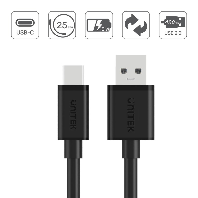 UNITEK USB CABLE USB-A — USB-C 25CM, Y-C480BK UNITEK USB CABLE USB-A — USB-C 25CM, Y-C480BK