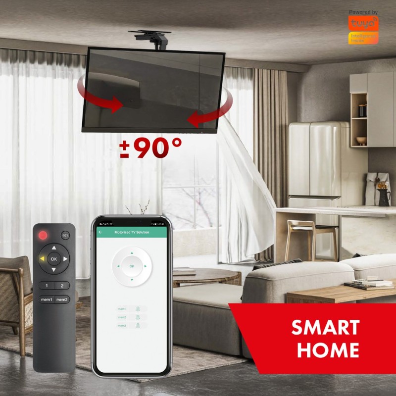Maclean electric TV mount, ceiling mount, Tuya support, max. VESA 800x400, reg. in pos. +90°~-90°, for TV 43-86