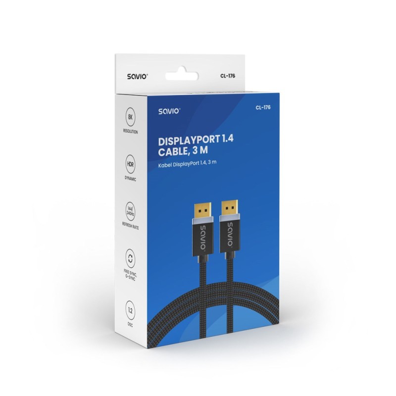 SAVIO DISPLAYPORT (M) - DISPLAYPORT (M) CABLE, V1.4, 3 m, CL-176 SAVIO DISPLAYPORT (M) - DISPLAYPORT (M) CABLE, V1.4, 3 m, CL-176
