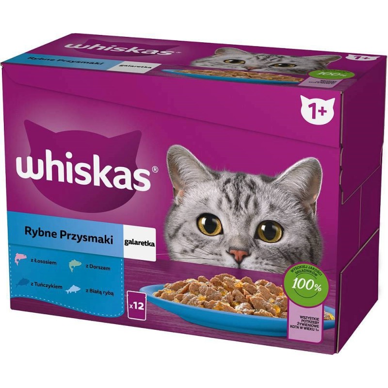 WHISKAS jelly sachets, flavours: White Fish, Cod, Salmon, Tuna - wet cat food - 12x85g