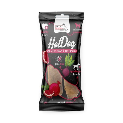 SYTA MICHA Chewing Hot Dog Rabbit with pomegranate in Deer skin - dog treat - 2 pcs. SYTA MICHA Chewing Hot Dog Rabbit with pomegranate in Deer skin - dog treat - 2 pcs.