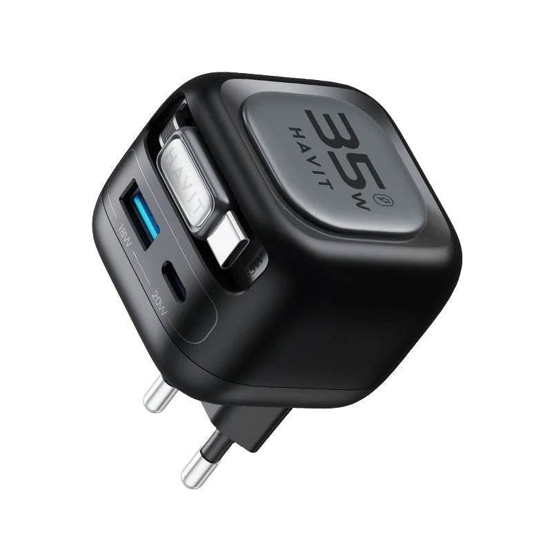 Havit UC250 A-EU - GaN travel charger with extendable cable (black) Havit UC250 A-EU - GaN travel charger with extendable cable (black)