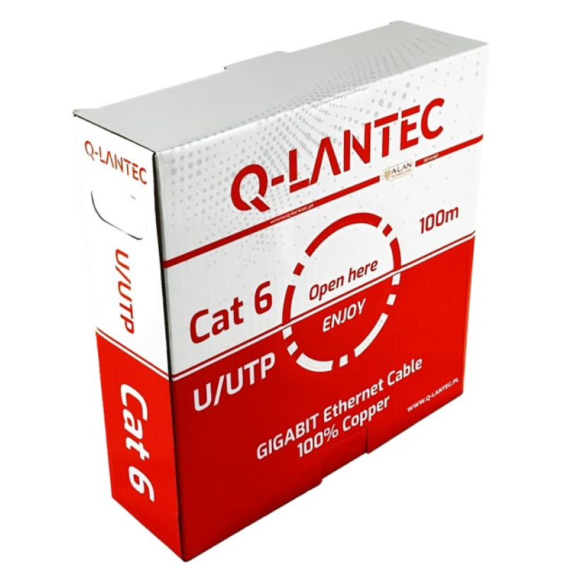 Q-LANTEC Kabel U/UTP kat.6, sieciowy, skrętka, PVC, Eca 4PR, 1Gb/s (10Gb/s do 55m), szary, 100m (KIU6PVC100Q) Q-LANTEC Kabel U/UTP kat.6, sieciowy, skrętka, PVC, Eca 4PR, 1Gb/s (10Gb/s do 55m), szary, 100m (KIU6PVC100Q)
