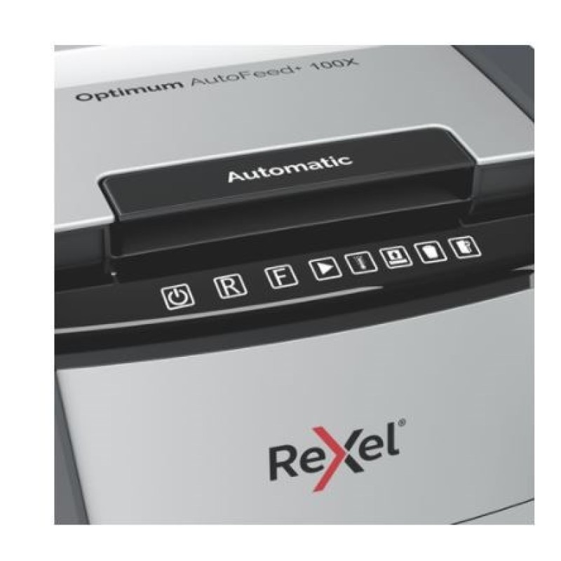 Rexel AutoFeed+ 100X automatic shredder, P-4, cuts confetti cut (4x28mm), 100 sheets, 34 litre bin Rexel AutoFeed+ 100X automatic shredder, P-4, cuts confetti cut (4x28mm), 100 sheets, 34 litre bin