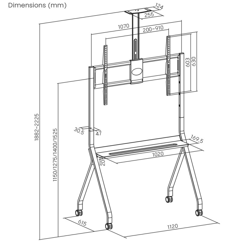 Maclean TV stand / cart, camera shelf, on casters, 55-100