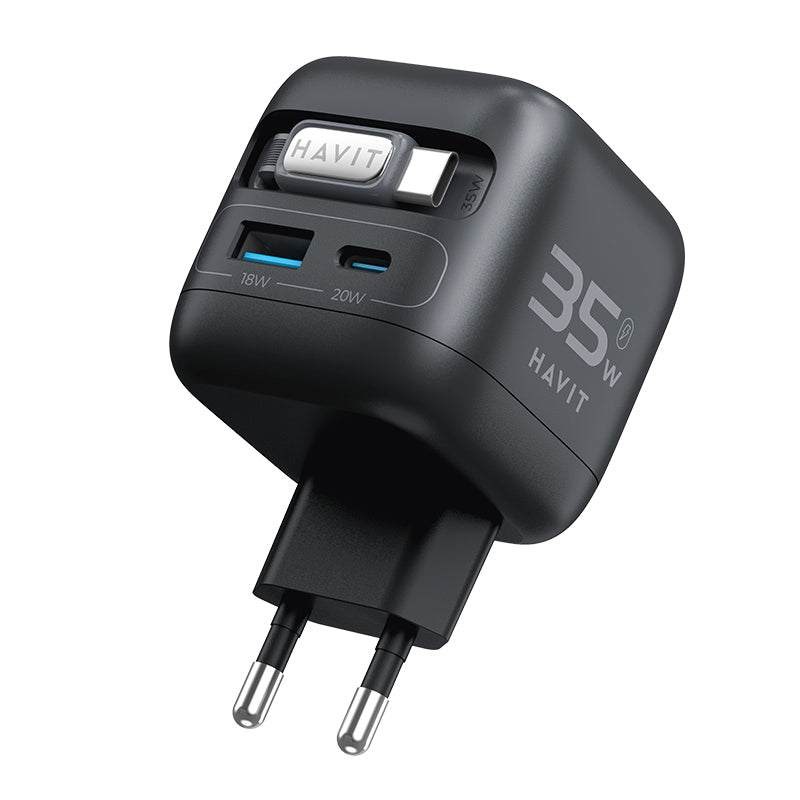 Havit UC250 A-EU - GaN travel charger with extendable cable (black) Havit UC250 A-EU - GaN travel charger with extendable cable (black)