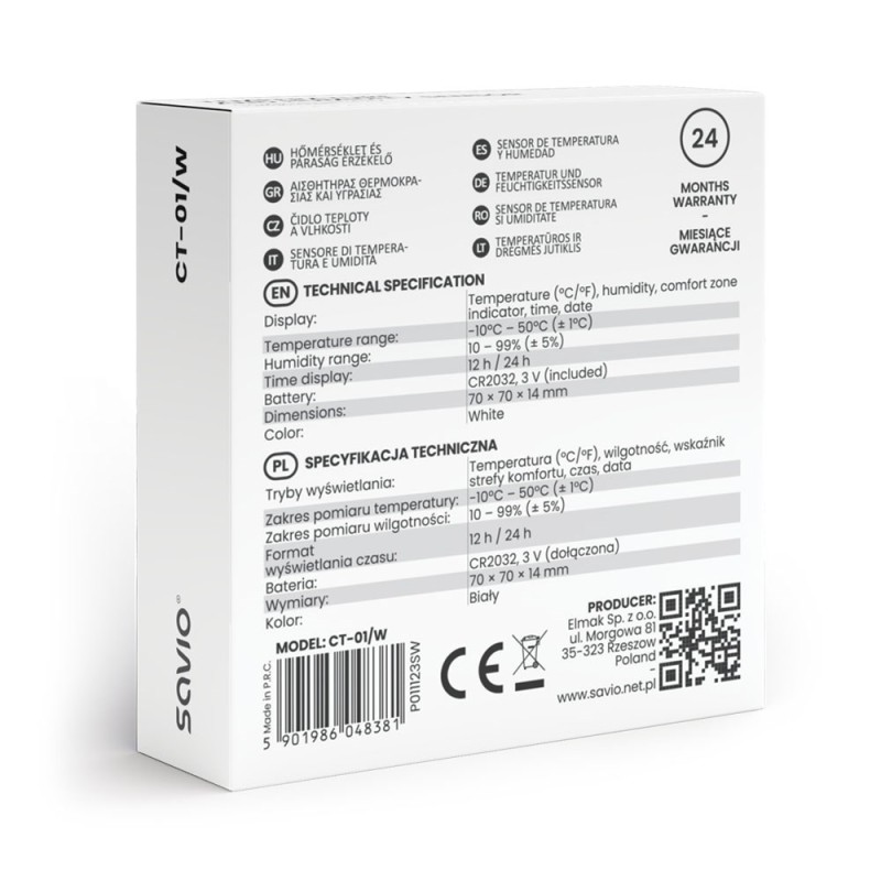 SAVIO Wireless weather station, temperature and humidity sensor, for indoor use, LCD screen, clock, date, handle with magnet, CT-01/W White SAVIO Wireless weather station, temperature and humidity sensor, for indoor use, LCD screen, clock, date, handle with magnet, CT-01/W White