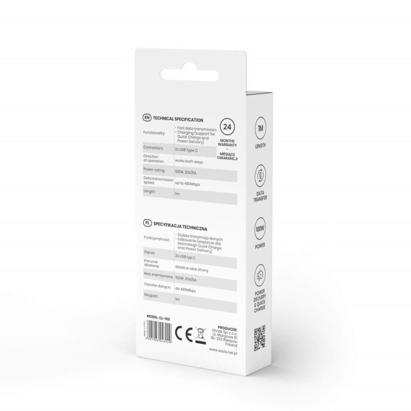Savio CL-159 USB cable 1 m USB 2.0 USB C - USB C Black Savio CL-159 USB cable 1 m USB 2.0 USB C - USB C Black