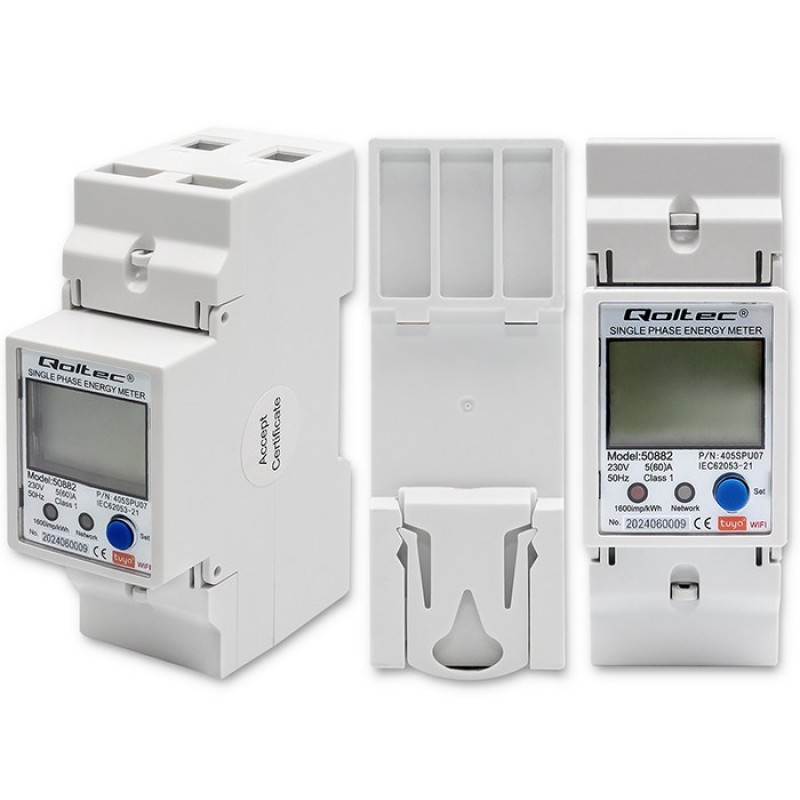 Qoltec 50882 Single phase electronic energy consumption meter for DIN rail | Wi-Fi | TUYA | 230V | LCD Qoltec 50882 Single phase electronic energy consumption meter for DIN rail | Wi-Fi | TUYA | 230V | LCD