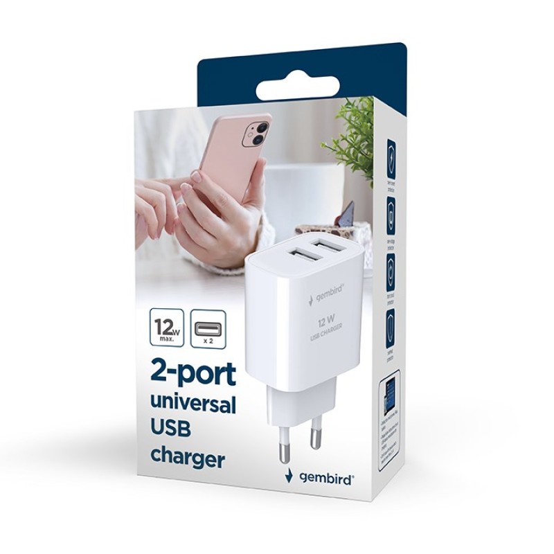 Gembird TA-UC-2A12-01-BK mobile device charger Universal White AC Indoor Gembird TA-UC-2A12-01-BK mobile device charger Universal White AC Indoor