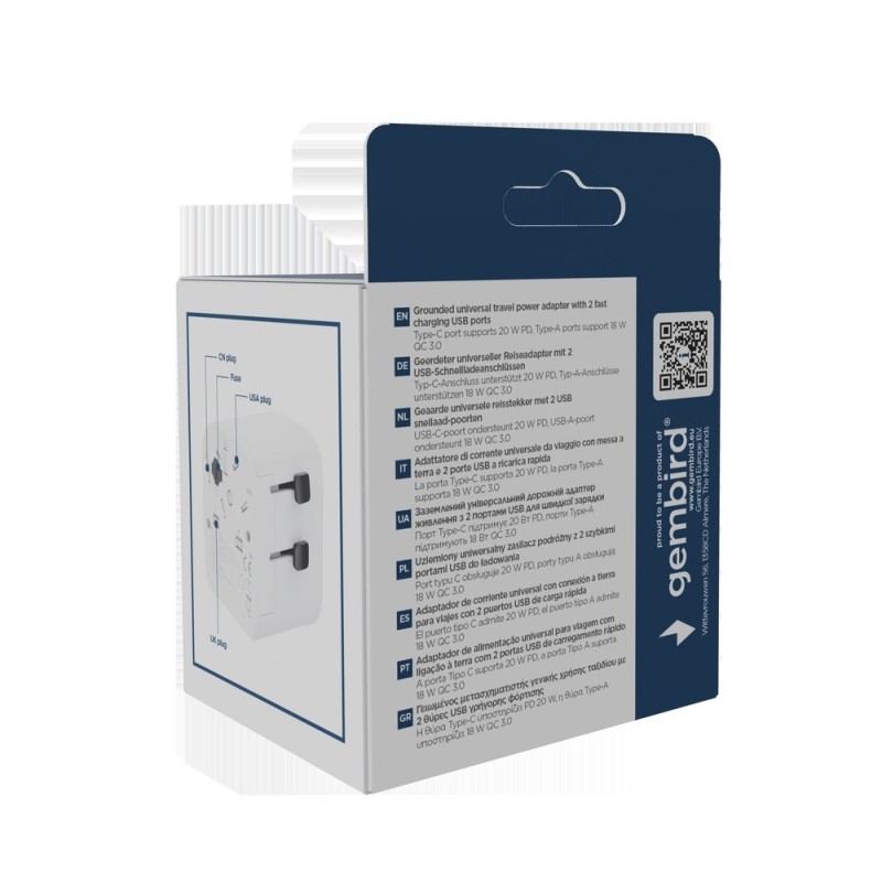 Gembird TPA-EU1A1C20-01-W Grounded universal travel power adapter, 20 W, white