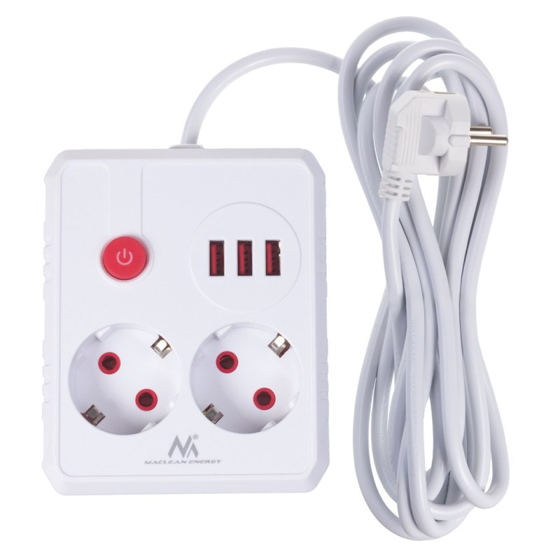 Maclean power strip, extender 2 sockets + 3xUSB, 110-240V AC 50/60Hz, 2.1A max 2500W, 3 m, white, MCE388 W