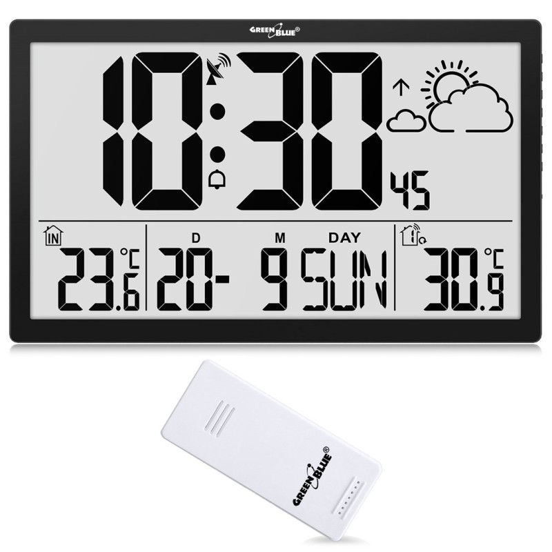 GreenBlue GB218 Extra Large LCD Wall Clock with Weather Station Temperature and Date Display GreenBlue GB218 Extra Large LCD Wall Clock with Weather Station Temperature and Date Display