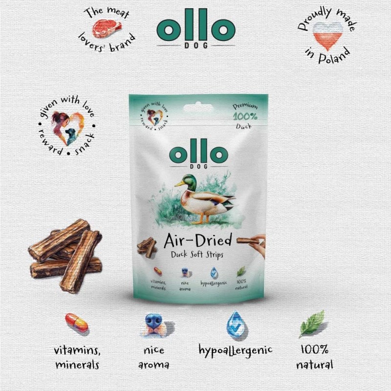 OLLO Air-Dried Duck strips - dog treat - 80g OLLO Air-Dried Duck strips - dog treat - 80g
