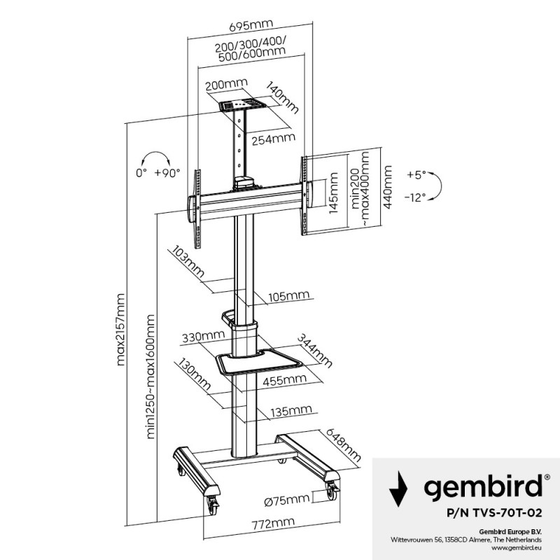 Gembird TVS-70T-02 Aluminum TV floor stand with caster wheels, 37 Gembird TVS-70T-02 Aluminum TV floor stand with caster wheels, 37