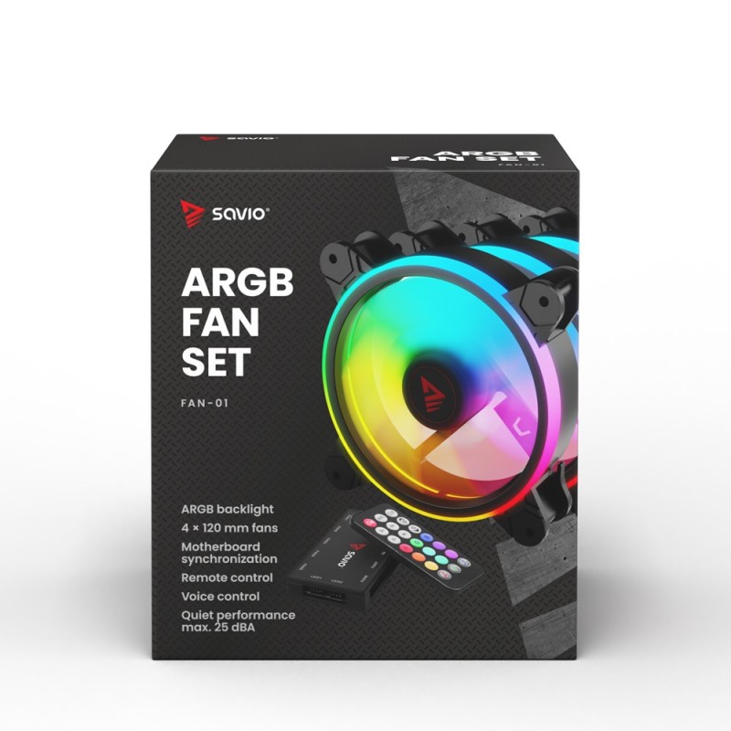 SAVIO FAN-01 4-pack 120mm ARGB fan including controller and remote control SAVIO FAN-01 4-pack 120mm ARGB fan including controller and remote control