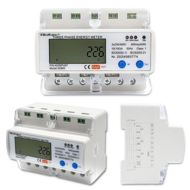 Qoltec 50883 Three phase electronic energy consumption meter for DIN rail | Wi-Fi | TUYA | 400V | LCD Qoltec 50883 Three phase electronic energy consumption meter for DIN rail | Wi-Fi | TUYA | 400V | LCD