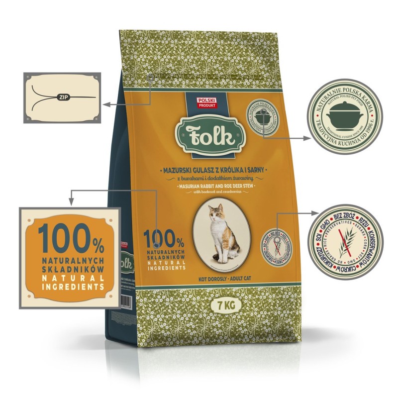 FOLK Masurian-style rabbit and roe deer stew with beets and cranberries - dry cat food - 7kg FOLK Masurian-style rabbit and roe deer stew with beets and cranberries - dry cat food - 7kg