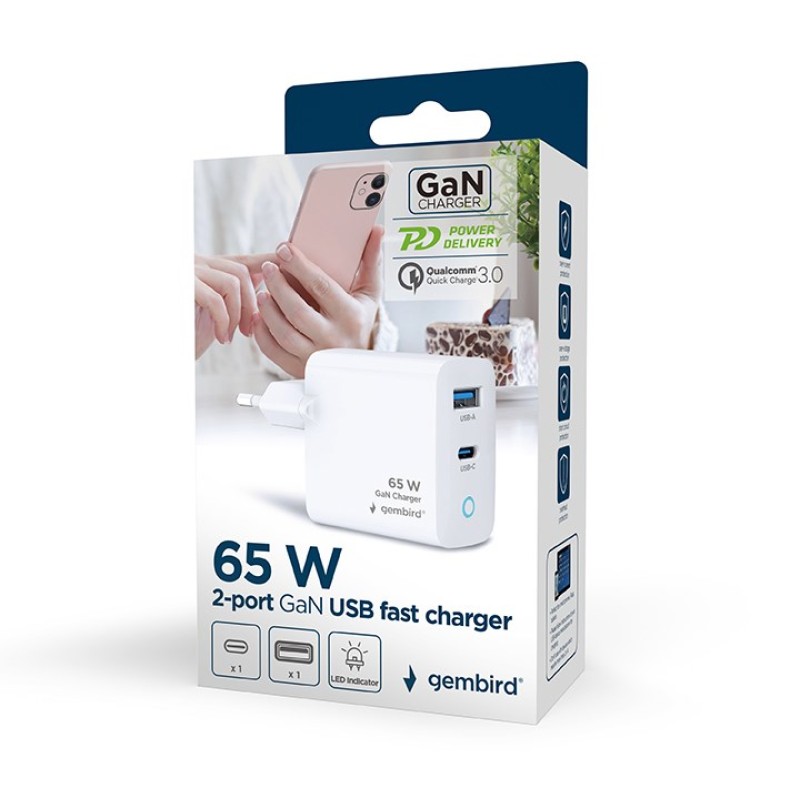 Gembird TA-UC-PDQC65L-W-01 mobile device charger Universal White AC Fast charging Indoor