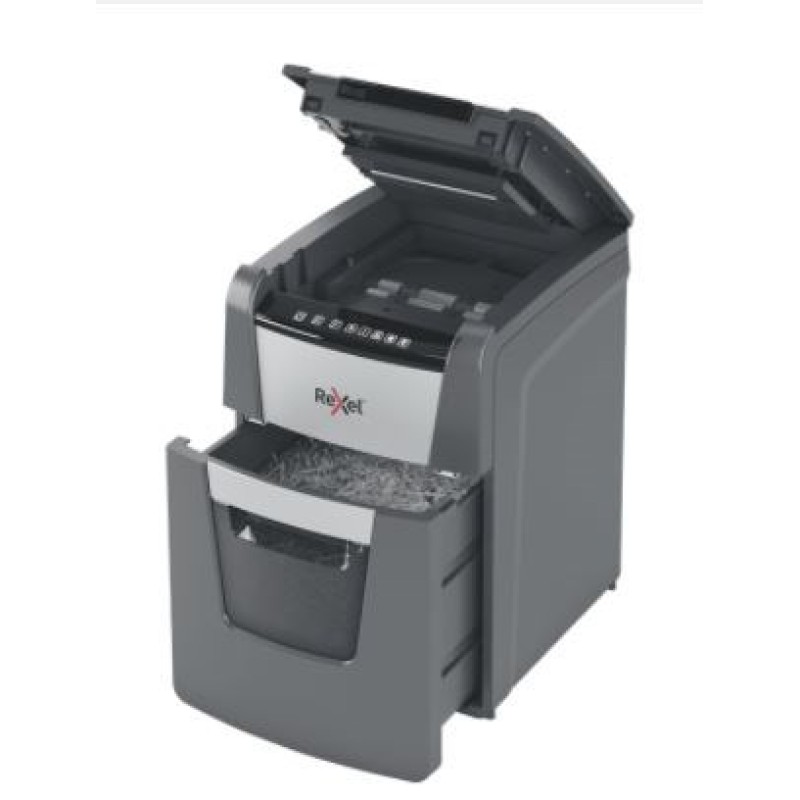 Rexel AutoFeed+ 100X automatic shredder, P-4, cuts confetti cut (4x28mm), 100 sheets, 34 litre bin Rexel AutoFeed+ 100X automatic shredder, P-4, cuts confetti cut (4x28mm), 100 sheets, 34 litre bin