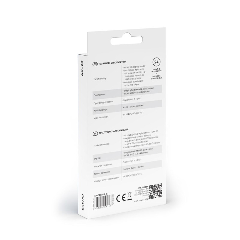 Adapter Savio DisplayPort (M) v1.2 - HDMI A (F) v1.4, 4K, AK-62 Adapter Savio DisplayPort (M) v1.2 - HDMI A (F) v1.4, 4K, AK-62